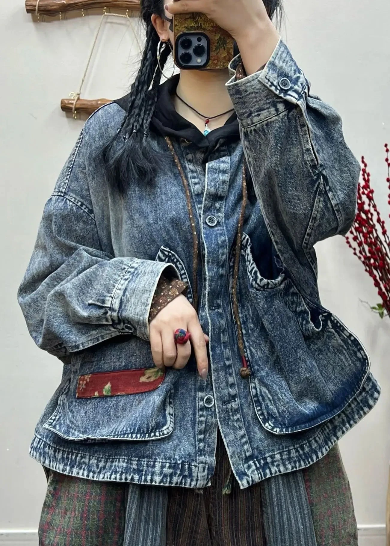 Vintage Blue Button Pockets Patchwork Denim Coat Fall ML3359 4 Vintage Blue Button Pockets Patchwork Denim Coat Fall ML3359 - Image 2