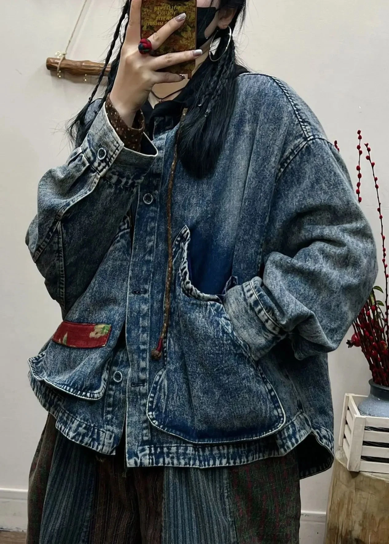Vintage Blue Button Pockets Patchwork Denim Coat Fall ML3359 5 Vintage Blue Button Pockets Patchwork Denim Coat Fall ML3359 - Image 3