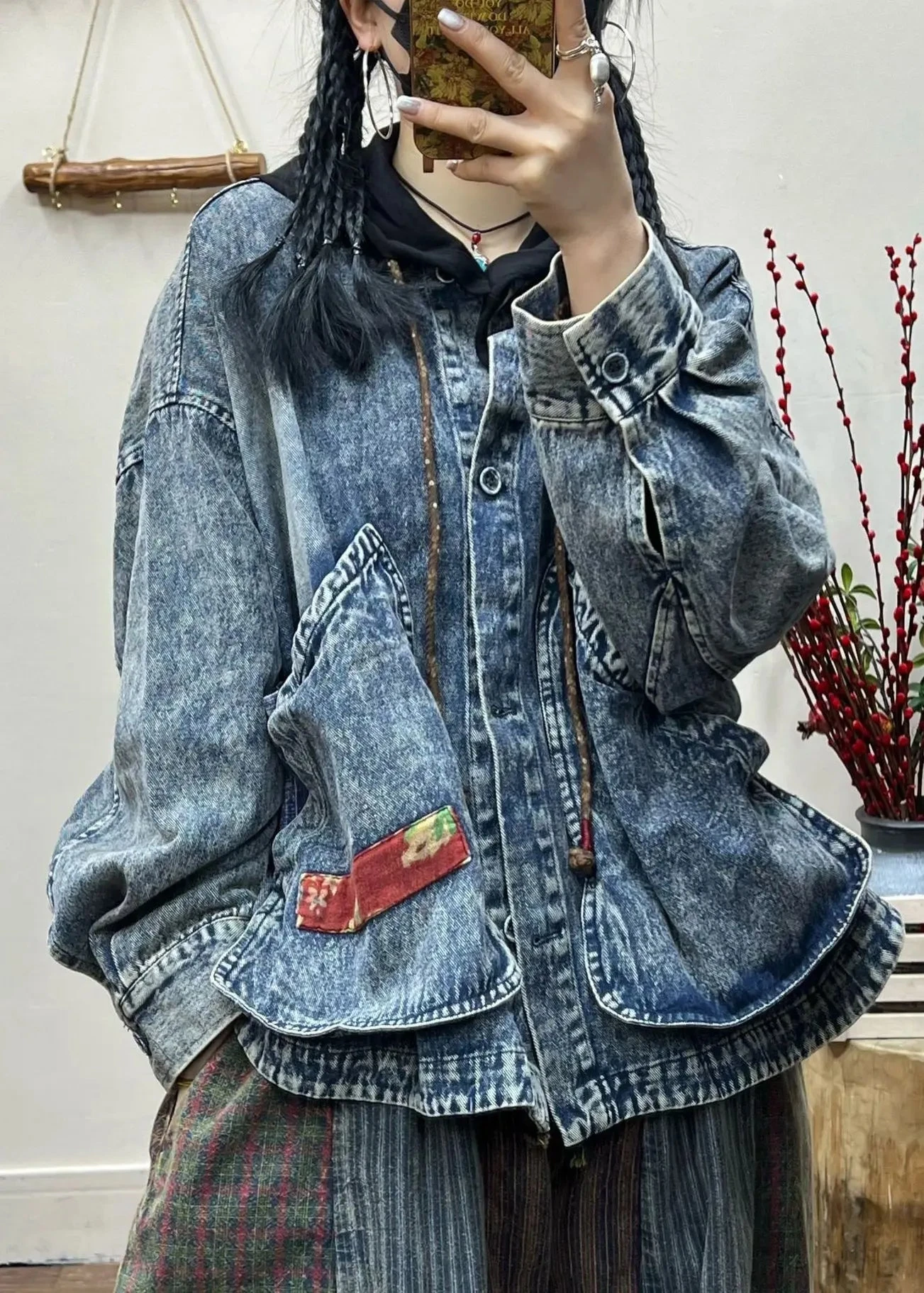 Vintage Blue Button Pockets Patchwork Denim Coat Fall ML3359 7 Vintage Blue Button Pockets Patchwork Denim Coat Fall ML3359 - Image 5