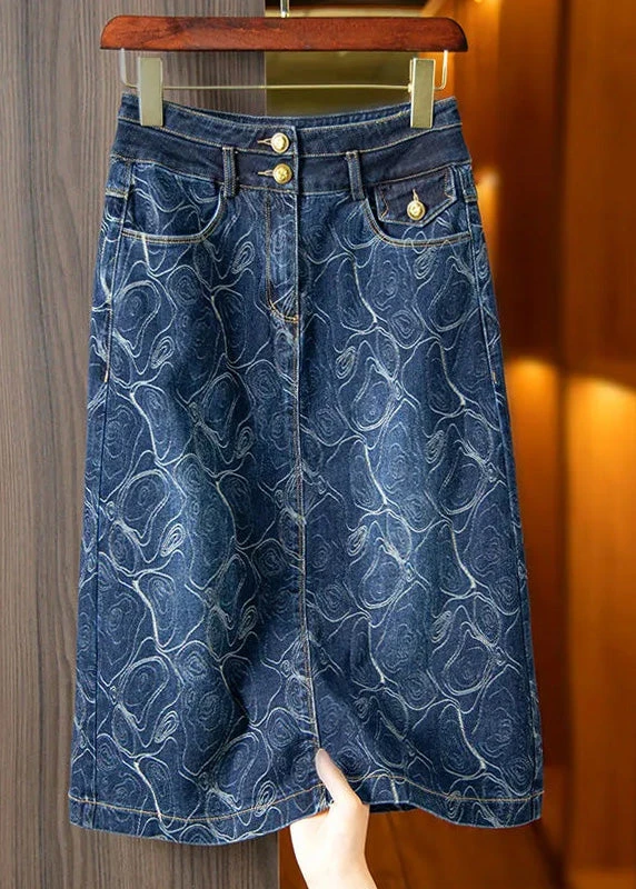 Vintage Blue Print High Waist Button Denim A Line Skirts Summer LY5265 3 Vintage Blue Print High Waist Button Denim A Line Skirts Summer LY5265