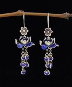 Vintage Blue Sterling Silver Cloisonne Lotus Tassel Drop Earrings LY2302