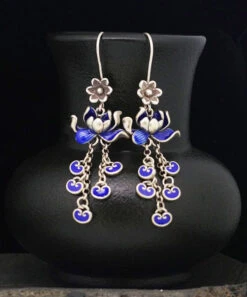 Vintage Blue Sterling Silver Cloisonne Lotus Tassel Drop Earrings LY2302 -Ada Fashion Vintage Blue Sterling Silver Cloisonne Lotus Tassel Drop Earrings3