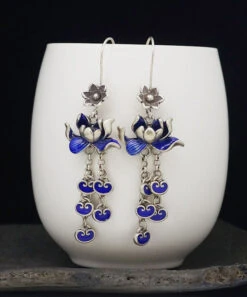 Vintage Blue Sterling Silver Cloisonne Lotus Tassel Drop Earrings LY2302 -Ada Fashion Vintage Blue Sterling Silver Cloisonne Lotus Tassel Drop Earrings4