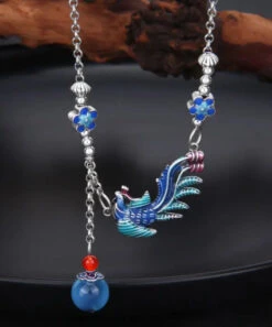 Vintage Blue Sterling Silver Tassel Cloisonne Floral Enamel Phoenix Pendant Necklace ML0294