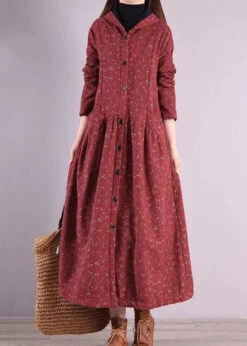 Vintage Brick Red Hooded Patchwork Warm Fleece Coats Winter ML0559