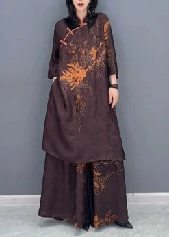 Vintage Brown Stand Collar Print Patchwork Silk Two Piece Set Outfits Fall ML3182