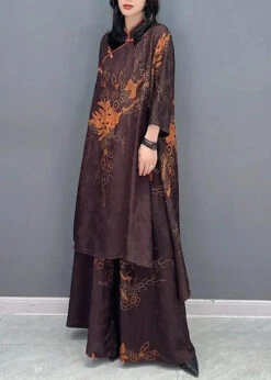 Vintage Brown Stand Collar Print Patchwork Silk Two Piece Set Outfits Fall ML3182 -Ada Fashion Vintage Brown Stand Collar Print Patchwork Silk Two Piece Set Outfits Fall Ada Fashion 169763749