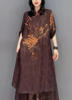 Vintage Brown Stand Collar Print Patchwork Silk Two Piece Set Outfits Fall ML3182 -Ada Fashion Vintage Brown Stand Collar Print Patchwork Silk Two Piece Set Outfits Fall Ada Fashion 169763958