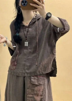 Hooded Tops And Skirts Cotton Two Pieces Set Summer -Ada Fashion Vintage Coffee Hooded Patchwork Tops And Skirts Cotton Two Pieces Set Summer Ada Fashion 177343751