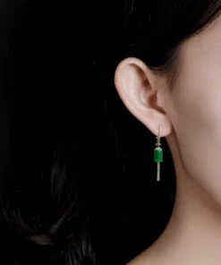 Vintage Gold Sterling Silver Overgild Inlaid Jade Tassel Drop Earrings KX1011 -Ada Fashion Vintage Gold Sterling Silver Overgild Inlaid Jade Tassel Drop Earrings3