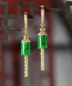 Vintage Gold Sterling Silver Overgild Inlaid Jade Tassel Drop Earrings KX1011 -Ada Fashion Vintage Gold Sterling Silver Overgild Inlaid Jade Tassel Drop Earrings4