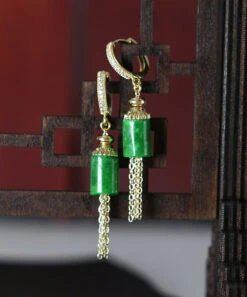 Vintage Gold Sterling Silver Overgild Inlaid Jade Tassel Drop Earrings KX1011 -Ada Fashion Vintage Gold Sterling Silver Overgild Inlaid Jade Tassel Drop Earrings5