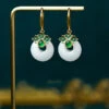 Vintage Green Overgild Inlaid Jade Floral Safety Buckle Drop Earrings LY8539