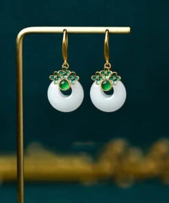Vintage Green Overgild Inlaid Jade Floral Safety Buckle Drop Earrings LY8539
