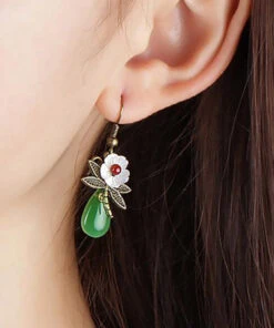 Vintage Green Sterling Silver Agate Shell Flower Cloured Glaze Dragonfly Drop Earrings LY2313