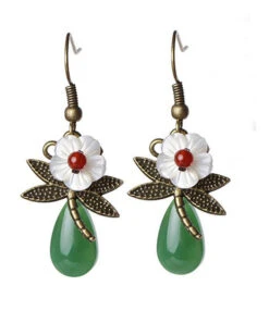 Vintage Green Sterling Silver Agate Shell Flower Cloured Glaze Dragonfly Drop Earrings LY2313 -Ada Fashion Vintage Green Sterling Silver Agate Shell Flower Cloured Glaze Dragonfly Drop Earrings5