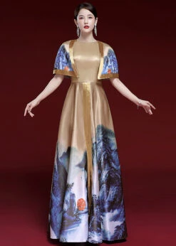 Vintage Khaki Print Lace Up Patchwork Shawl Two Long Dresses Silk Two Pieces Set Summer ML1522