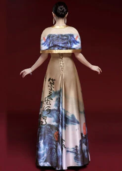 Vintage Khaki Print Lace Up Patchwork Shawl Two Long Dresses Silk Two Pieces Set Summer ML1522 -Ada Fashion Vintage Khaki Print Lace Up Patchwork Shawl Two Long Dresses Silk Two Pieces Set Summer3