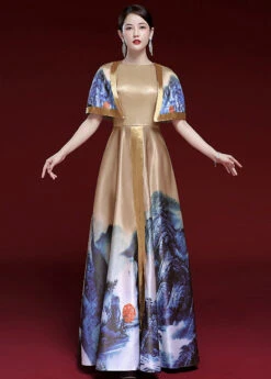 Vintage Khaki Print Lace Up Patchwork Shawl Two Long Dresses Silk Two Pieces Set Summer ML1522 -Ada Fashion Vintage Khaki Print Lace Up Patchwork Shawl Two Long Dresses Silk Two Pieces Set Summer4