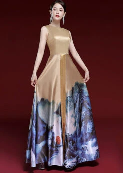 Vintage Khaki Print Lace Up Patchwork Shawl Two Long Dresses Silk Two Pieces Set Summer ML1522 -Ada Fashion Vintage Khaki Print Lace Up Patchwork Shawl Two Long Dresses Silk Two Pieces Set Summer5