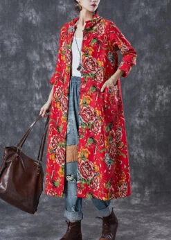 Red Hooded Print Warm Fleece Coat