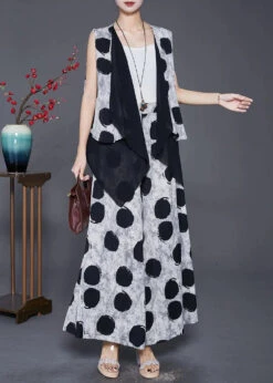 Vintage White Asymmetrical Patchwork Circles Cotton Two Piece Set Outfits Fall ML0327