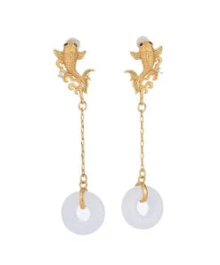 Vintage White Sterling Silver Overgild Jade Goldfish Drop Earrings LY8963 -Ada Fashion Vintage White Sterling Silver Overgild Jade Goldfish Drop Earrings Ada Fashion 153025487