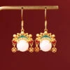 Vintage Yellow Ancient Gold Inlaid Zircon Pearl Dao Ma Dan Face Mask Drop Earrings LY8600
