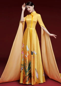 Vintage Yellow Standing Neck Printed Pleated Dress Long Sleeve ML1546 -Ada Fashion Vintage Yellow Standing Neck Printed Pleated Dress Long Sleeve2