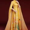 Vintage Yellow Standing Neck Printed Pleated Dress Long Sleeve ML1546