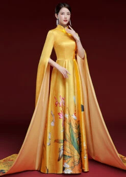 Vintage Yellow Standing Neck Printed Pleated Dress Long Sleeve ML1546