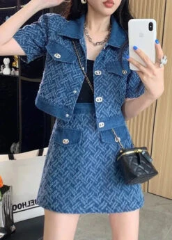 Vogue Blue Peter Pan Collar Print Coats And Shorts Two Pieces Set Summer TY1089 -Ada Fashion Vogue Blue Peter Pan Collar Print Coats And Shorts Two Pieces Set Summer3