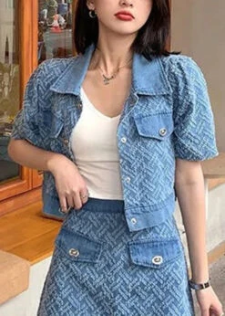 Vogue Blue Peter Pan Collar Print Coats And Shorts Two Pieces Set Summer TY1089 -Ada Fashion Vogue Blue Peter Pan Collar Print Coats And Shorts Two Pieces Set Summer4