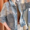 Vogue Blue Peter Pan Collar Tulle Patchwork Sequins Button Denim Coats Fall LY7935
