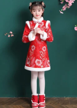 Vogue Red Embroideried Patchwork Button Warm Fleece Kids Mid Dress Long Sleeve ML0196
