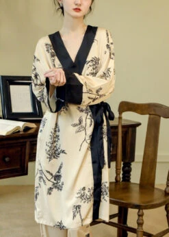 Vogue V Neck Print Patchwork Tie Waist Ice Silk Pajamas Two Piece Set Long Sleeve TO1001 -Ada Fashion Vogue V Neck Print Patchwork Tie Waist Ice Silk Pajamas Two Piece Set Long Sleeve3