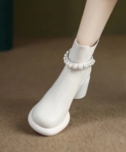 White Boots Chunky Cowhide Leather Handmade Splicing Nail Bead ML1679