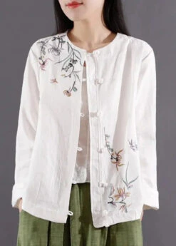 White Button Patchwork Cotton Coats O Neck Long Sleeve ML0852