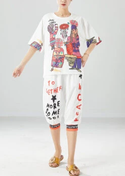 White Print Silk Tops And Pants Two Pieces Set Oversized Summer LY6107