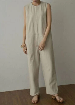 Women Apricot Pockets Patchwork Cotton Wide Leg Jumpsuits Sleeveless LY2136