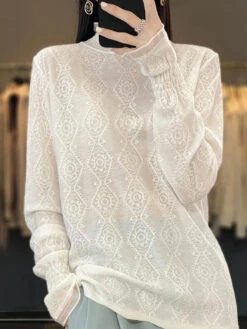 Women Lacework Knitted Half-Turtleneck Blouse