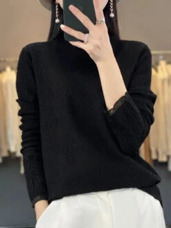 Women Lacework Knitted Half-Turtleneck Blouse -Ada Fashion Women Autumn Lacework Knitted Half Turtleneck Blouse Ada Fashion 177782840