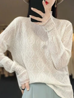 Women Lacework Knitted Half-Turtleneck Blouse -Ada Fashion Women Autumn Lacework Knitted Half Turtleneck Blouse Ada Fashion 177783083