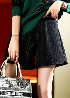 Women Black Pockets Zircon Patchwork Cotton Shorts Fall LY8592