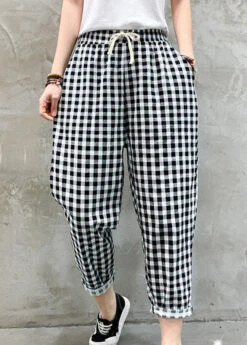 Women Black White Plaid Tie Waist Crop Beam Pants LY7575