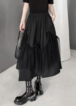 Women Black Wrinkled Pockets Elastic Waist Tulle Patchwork SkirtsFall LY9283