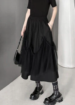 Women Black Wrinkled Pockets Elastic Waist Tulle Patchwork SkirtsFall LY9283 -Ada Fashion Women Black Wrinkled Pockets Elastic Waist Tulle Patchwork Skirts Fall4