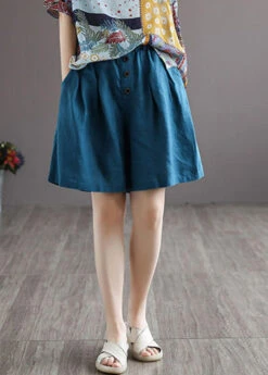 Women Blue Elastic Waist Solid Shorts Summer LY4947