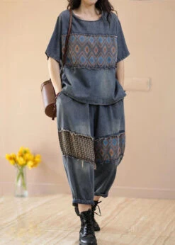 Women Blue O-Neck Patchwork Tops And Pants Denim Two Pieces Set Summer LY4067 -Ada Fashion Women Blue O Neck Patchwork Tops And Pants Denim Two Pieces Set Summer3