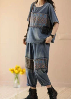 Women Blue O-Neck Patchwork Tops And Pants Denim Two Pieces Set Summer LY4067 -Ada Fashion Women Blue O Neck Patchwork Tops And Pants Denim Two Pieces Set Summer4